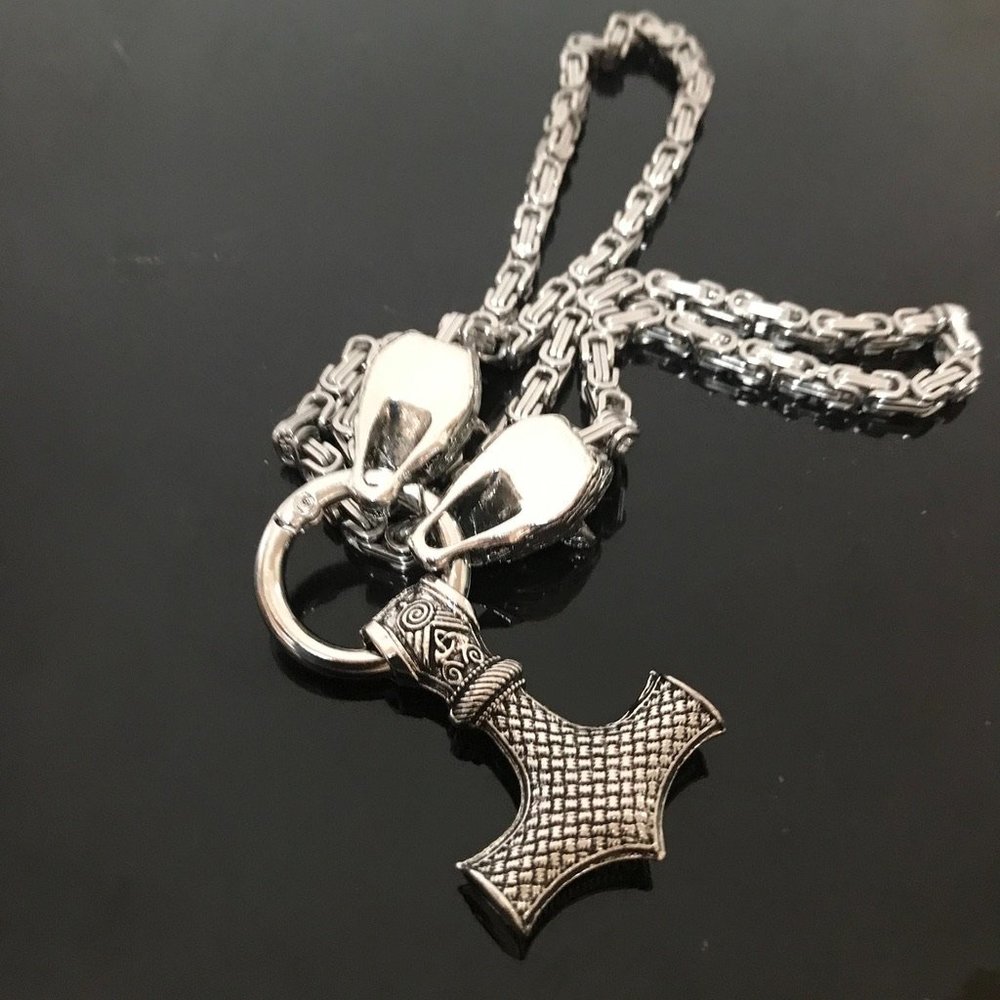 Norse Viking Byzantine Thor's Hammer Wolf Pendant Necklace Silver Heavy Wolves - Picture 5 of 5